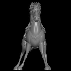 May include: A 3D rendered, gray horse figurine with a saddle and bridle. The horse is posed with its front legs extended, giving the impression of movement. The background is solid black.