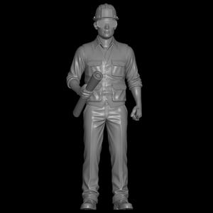 May include: A gray 3D-rendered figure of a construction worker wearing a hard hat, safety glasses, button-up shirt, vest, and pants. The figure is holding a rolled-up blueprint. The background is black.