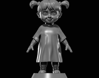 May include: A grayscale 3D-printed figurine of a cartoon girl with pigtails, wearing a short-sleeved dress and boots. The figure is standing on a rectangular base against a black background. The girl has a smiling expression.