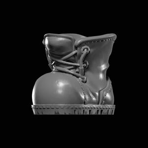 May include: A gray, stylized boot with laces, eyelets, and a stitched sole. The boot has a rounded toe and a high ankle, suggesting a work or hiking boot design. The image is a 3D render against a black background.