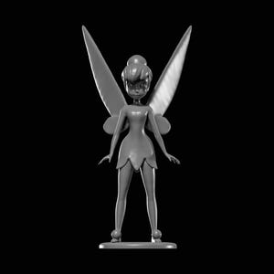 May include: A grayscale figurine of a fairy with large, pointed wings. The fairy is depicted in a standing pose, wearing a short dress and with her arms at her sides. The figure is on a small, rectangular base.