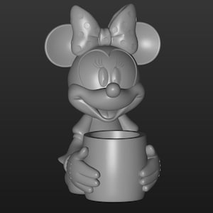 Puede incluir: Figura renderizada en 3D de Minnie Mouse sosteniendo un recipiente cilíndrico. Minnie Mouse se representa con sus grandes orejas características, un lazo de lunares y una expresión sonriente. La figura está renderizada en un color gris neutro.