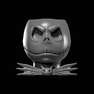 May include: A grey, 3D-printed Jack Skellington head, with a stitched mouth, hollow eye sockets, and a stern expression. A bat-shaped bow tie with a cat face is at the base. The design is a nod to the character from The Nightmare Before Christmas.