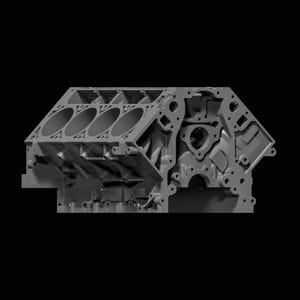 Könnte beinhalten: Graustufenbild eines Motorblocks, das die innere Struktur zeigt. Der Block verfügt über mehrere Zylinderöffnungen und verschiedene Befestigungspunkte. Das Design scheint ein detailliertes 3D-Rendering zu sein, mit Fokus auf mechanische Komponenten.