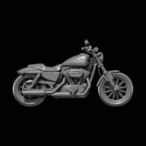 May include: A grayscale motorcycle with a classic design, featuring a fuel tank, seat, and large wheels. The motorcycle has a detailed engine and exhaust pipes, with a headlight and handlebars. The image is set against a black background.