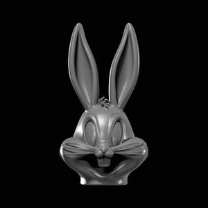 May include: A grey, 3D-rendered sculpture of Bugs Bunny's head, with his long ears, buck teeth, and smiling expression. The sculpture is set against a black background, highlighting the details of the cartoon character.