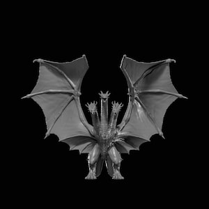 May include: A grayscale sculpture of a three-headed dragon with large, outstretched wings. The dragon is standing with its wings spread wide, showcasing intricate details in its scales and wing structure. The background is solid black.