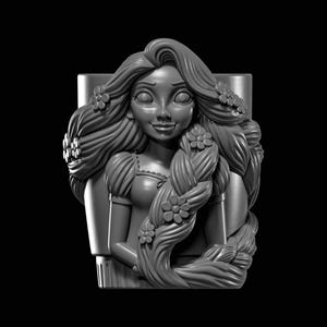 May include: A grayscale 3D-printed sculpture of a smiling woman with long, flowing hair adorned with flower accents. The hair is styled into a long braid. The woman is wearing a dress with a sweetheart neckline.