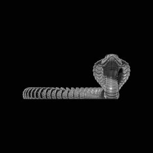 May include: A gray cobra sculpture with a detailed head and hood, and a segmented body. The snake is depicted in a striking pose against a black background, showcasing its intricate scales and form.