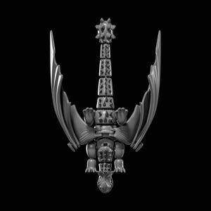 May include: A grayscale dragon sculpture with outstretched wings and a detailed, segmented body. The dragon has a spiked tail and head, with intricate patterns on its body. The wings are large and curved, and the sculpture is set against a black background.