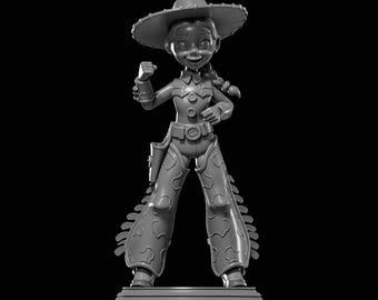 May include: A grayscale figurine of a cowgirl in a hat, vest, and pants with decorative stitching. The figurine has a holster and a smiling expression. The figure is standing on a rectangular base against a black background.
