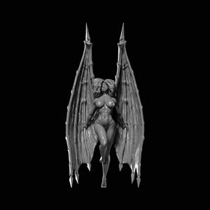 May include: A grayscale sculpture of a humanoid figure with large, detailed wings. The figure has a muscular build and is posed with one leg forward. The wings are intricately designed with sharp edges and extend upwards. The background is solid black.
