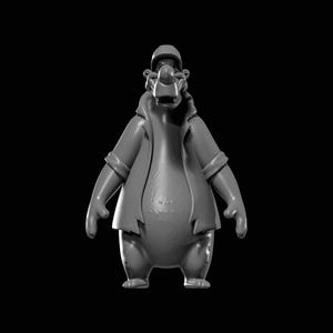 May include: A grayscale 3D-rendered figurine of a bear-like character. The figure wears a jacket and a cap, with a large nose and a slightly open mouth. The figure is standing with its arms at its sides.