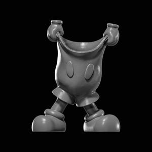 May include: A gray, stylized sculpture of a cartoon character's torso, legs, and feet. The character's gloved hands are pulling up on the torso. The character has two oval-shaped buttons on the front.