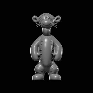 Könnte beinhalten: Ein Graustufen-3D-Rendering eines Cartoon-Tiger-Charakters mit einem lächelnden Gesicht, Schnurrhaaren und großen Ohren. Der Tiger hat einen abgerundeten Körper, Arme an den Seiten und steht auf zwei Füßen. Der Hintergrund ist einfarbig schwarz.