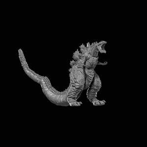 May include: A gray Godzilla figurine with an open mouth and spiky dorsal fins. The detailed sculpture has a long tail and is posed on a black background. The figurine is a collectible item.