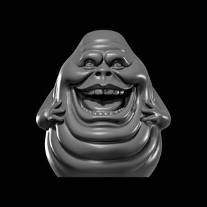 Puede incluir: Una escultura en escala de grises de una figura humanoide sonriente y redonda, con una boca grande y brazos pequeños. La figura tiene un cuerpo liso y redondeado con múltiples pliegues y arrugas, y una amplia sonrisa dentuda.