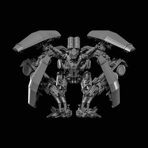May include: A grayscale image of a detailed robot with a complex mechanical design. The robot has large, wing-like structures extending from its back and multiple articulated limbs. The overall aesthetic suggests a futuristic or science fiction theme.