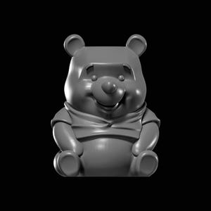 May include: A gray, three-dimensional rendering of a bear character with a smiling expression. The bear has rounded ears, a small nose, and is wearing a shirt. The image is set against a black background.