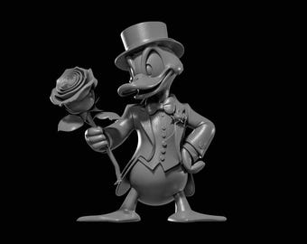 May include: A gray sculpture of a cartoon duck in a tuxedo holding a rose. The duck is wearing a top hat, bow tie, and a suit with a flower on the lapel. The background is black.