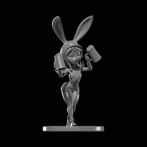 May include: A grayscale 3D-printed figurine of a woman wearing a bunny ear hat and holding two beer steins. She is wearing shorts and a tank top. The figurine is standing on a rectangular base against a black background.