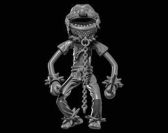 May include: A grayscale figurine of a creature with a wide open mouth, beard, and chain around its neck. The figure wears a short-sleeved shirt, pants, and spiked restraints on its wrists and ankles. A chain hangs from the neck to the waist.