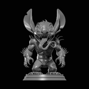 May include: A gray, stylized figurine of a creature with large ears, sharp teeth, and a long tongue. The figure has muscular arms and legs, with clawed hands and feet. The figurine is standing on a rectangular base against a black background.