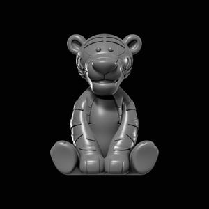 May include: A gray, cartoon-style tiger figurine sitting with its legs outstretched. The tiger has a large nose, small ears, and stripes on its body. The background is solid black.