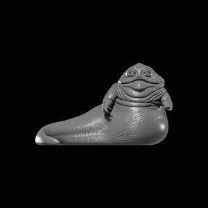 May include: A grey, three-dimensional sculpture of a large, slug-like creature with a humanoid face. The creature is reclining, with its arms resting on its belly. The sculpture has detailed skin textures and is set against a black background.