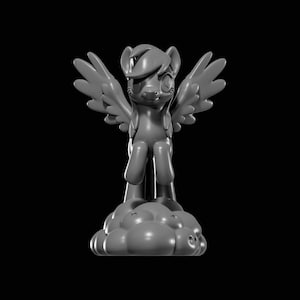 May include: A gray figurine of a pony with wings, standing on a cloud-shaped base. The pony has a stylized design with a closed eye and a smiling expression. The wings are spread out, and the figurine is set against a black background.