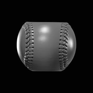 May include: A gray baseball with white stitching. The ball is round with a smooth surface and visible seams. The stitching is detailed and wraps around the ball.