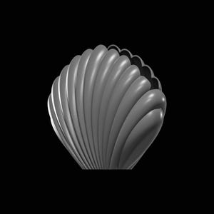 May include: A gray, stylized seashell sculpture with a ribbed texture. The shell has a rounded shape with a scalloped edge and is set against a black background. The sculpture is a 3D rendering.