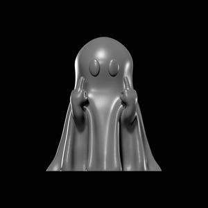 May include: A gray ghost figure with two oval eyes and two fingers raised on each hand. The ghost is draped in a sheet-like form, with the fingers extended in a gesture. The background is solid black.