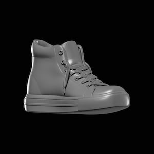 May include: A gray high-top sneaker with laces, eyelets, and a thick sole. The shoe has a padded collar and a smooth, matte finish. The design is a modern take on a classic style.