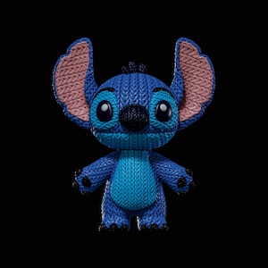 May include: A blue and light blue Stitch figurine with large ears and a knitted texture. The figurine has large black eyes and a black nose. The ears are pink on the inside. The background is black.