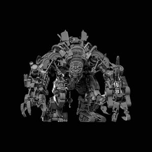 May include: A grayscale 3D model of a large, mechanical robot with intricate details. The robot has a complex design with multiple arms, claws, and a detailed head. The background is solid black, emphasizing the robot's form.