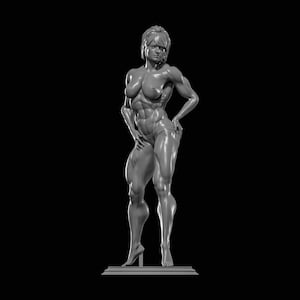 Può includere: Scultura in scala di grigi di una figura muscolosa in posa eretta. La figura indossa slip e tacchi. La scultura presenta una dettagliata raffigurazione della definizione muscolare ed è ambientata su sfondo nero.