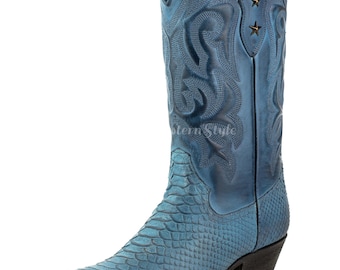 Handgemaakte cowboylaarzen van echt leer, pythonleer | Turquoise laarzen, herenschoenen