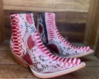 Stivaletti fatti a mano in vera pelle di pitone / Scarpe rosse, Calzature da uomo