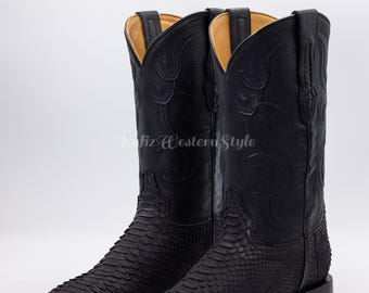 Genuine Leather, Python Skin Handmade Cowboy Boots | Black Boots, Men's Footwear