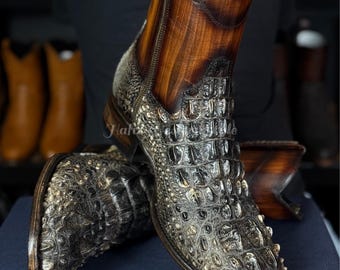 Botines de piel auténtica de caimán hechos a mano / Zapatos negros, Calzado para hombre