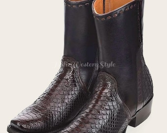 Stivali da cowboy fatti a mano in vera pelle di pitone / Stivali marrone scuro, calzature da uomo