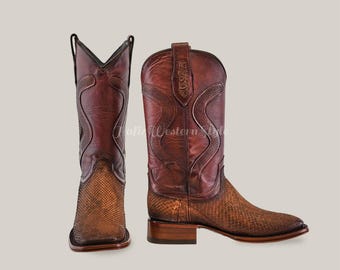Stivali da cowboy fatti a mano in vera pelle di pitone / Stivali marroni, calzature da uomo