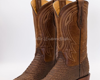 Stivali da cowboy fatti a mano in vera pelle di pitone / Stivali marroni, calzature da uomo