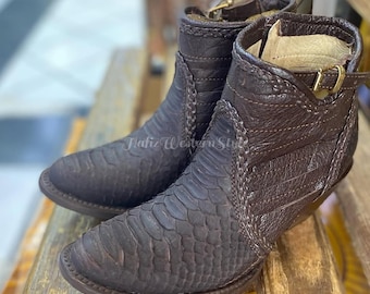 Stivaletti fatti a mano in vera pelle di pitone / Scarpe marroni, calzature da uomo