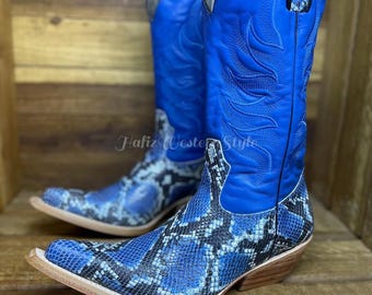 Handgemaakte cowboylaarzen van echt leer, pythonleer | Blauwe laarzen, herenschoenen