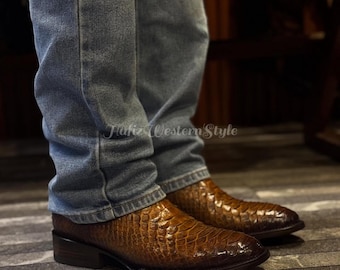 Stivaletti fatti a mano in vera pelle di pitone / Scarpe marroni, calzature da uomo