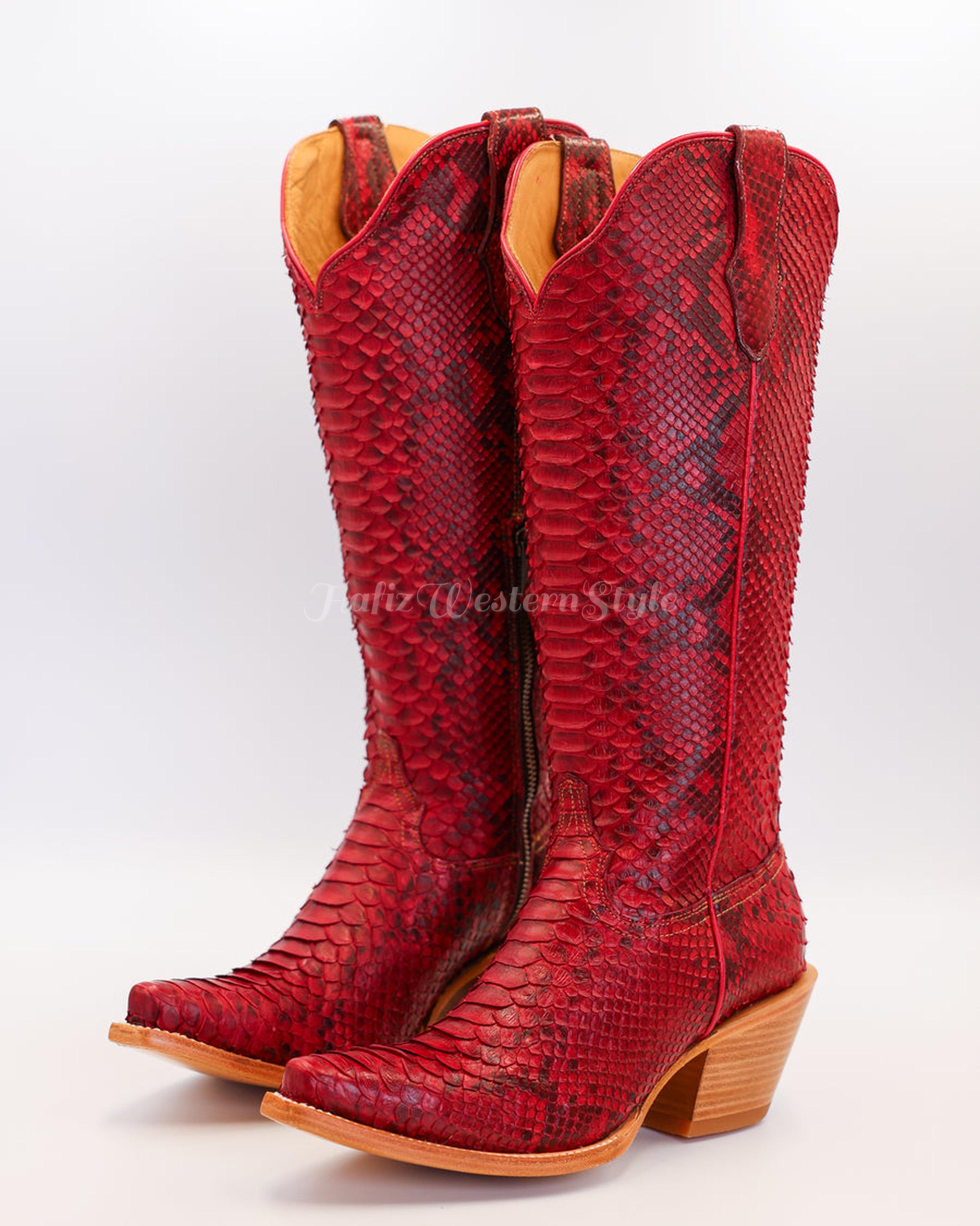Genuine Leather, Python Skin Handmade Cowboy Boots | Red  display picture 1