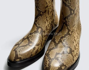 Stivaletti fatti a mano in vera pelle di pitone / Scarpe marroni, calzature da uomo