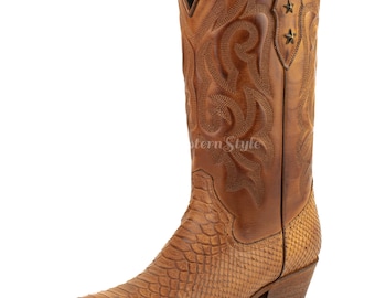 Stivali da cowboy fatti a mano in vera pelle di pitone / Stivali marroni, calzature da uomo